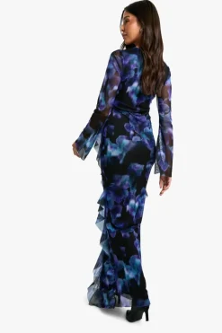 Wrap Dresses|Maxi Dresses*boohoo Ruffle Printed Mesh Wrap Maxi Dress black