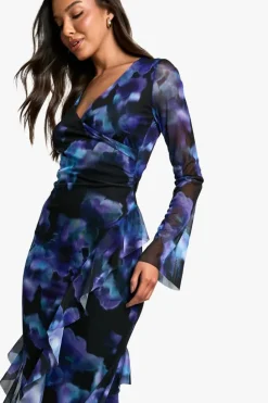 Wrap Dresses|Maxi Dresses*boohoo Ruffle Printed Mesh Wrap Maxi Dress black