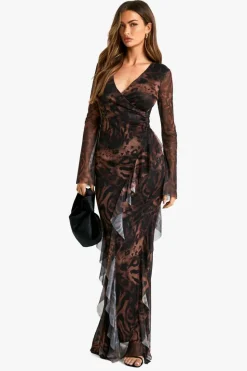 Wrap Dresses|Maxi Dresses*boohoo Ruffle Printed Mesh Wrap Maxi Dress brown