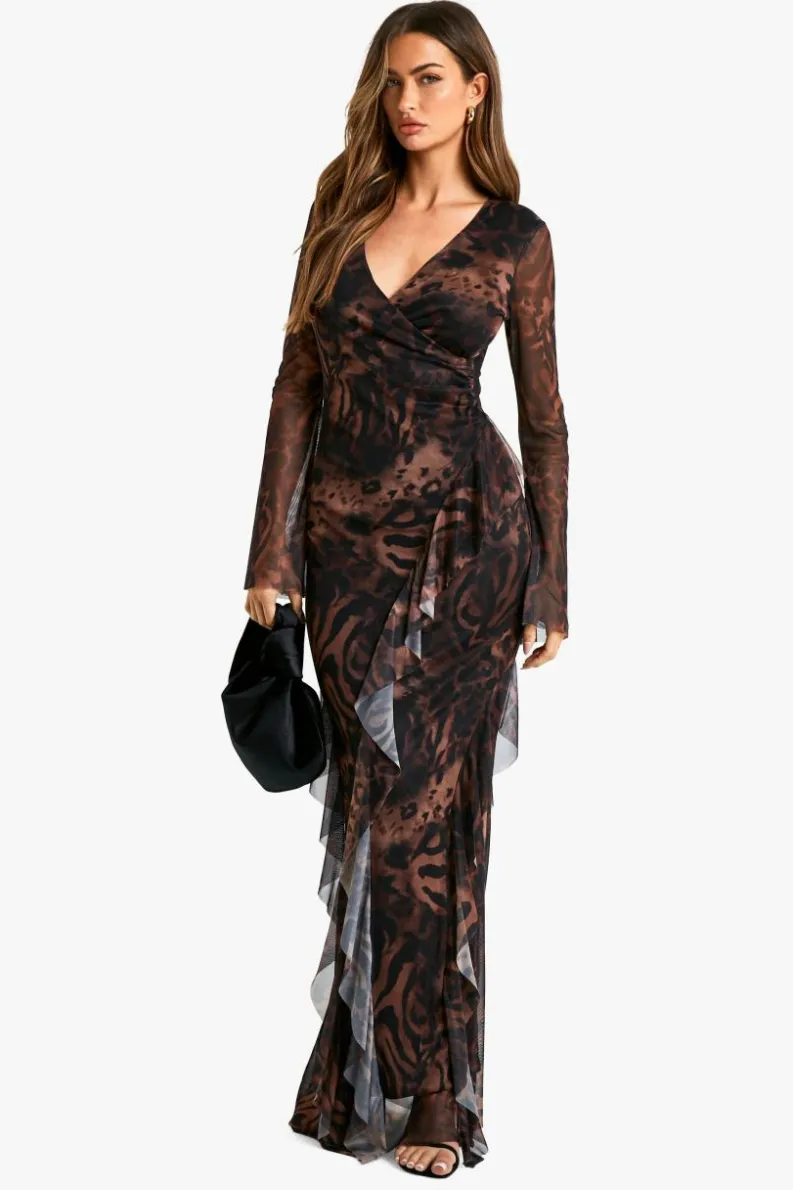 Wrap Dresses|Maxi Dresses*boohoo Ruffle Printed Mesh Wrap Maxi Dress brown
