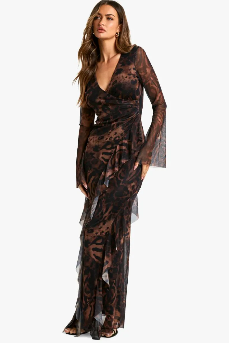 Wrap Dresses|Maxi Dresses*boohoo Ruffle Printed Mesh Wrap Maxi Dress brown