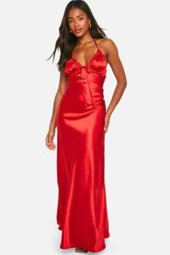 Cami Dresses*boohoo Ruffle Satin Maxi Slip Dress red