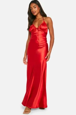 Cami Dresses*boohoo Ruffle Satin Maxi Slip Dress red