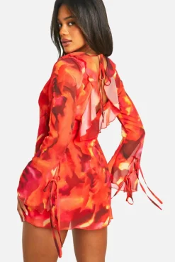 Smock Dresses*boohoo Ruffle Tie Flare Sleeve Mini Dress red