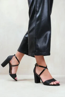 Sandals*Where's That From Ruth' Wide Fit High Block Heel Sandals With Cross Over Ankle Strap Black