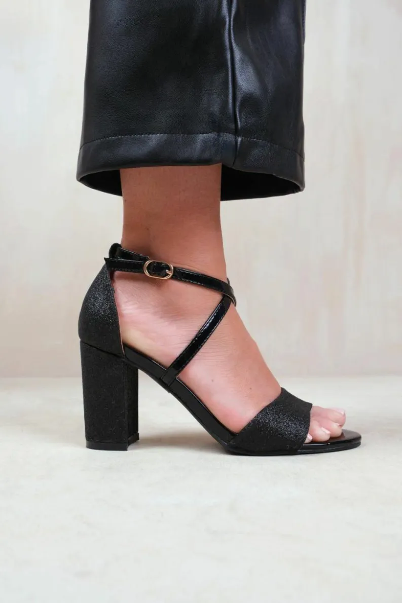 Sandals*Where's That From Ruth' Wide Fit High Block Heel Sandals With Cross Over Ankle Strap Black