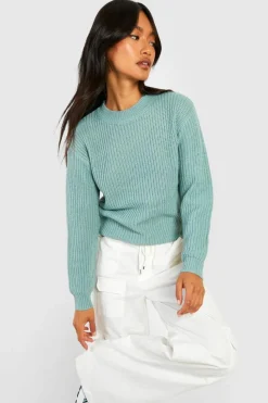 Jumpers|Knitwear*boohoo Fisherman Crew Neck Jumper sage