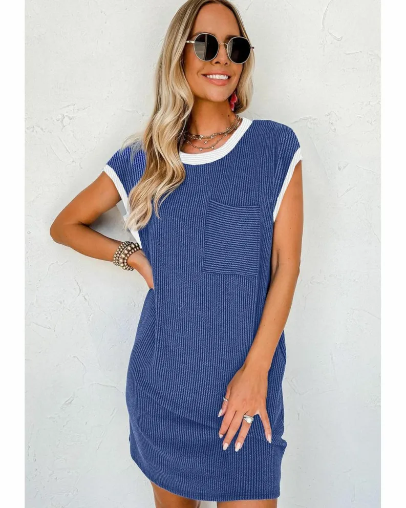 Shirt Dresses|T-Shirt Dresses*Azura Exchange Sail Blue Rib Textured Cap Sleeve T-Shirt Dress Multi