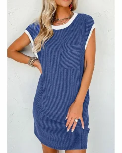 Shirt Dresses|T-Shirt Dresses*Azura Exchange Sail Blue Rib Textured Cap Sleeve T-Shirt Dress Multi