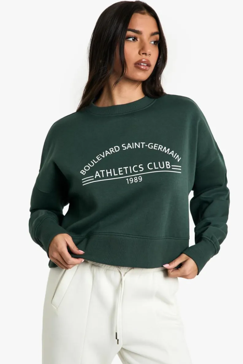 Sweatshirts|Hoodies & Sweatshirts*boohoo Saint Germain Athletics Club Slogan Boxy Crop Sweatshirt forest