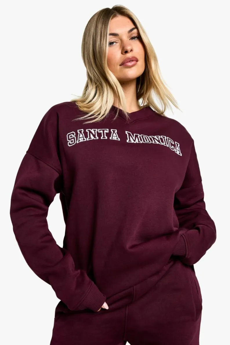 Sweatshirts|Dsgn Studio*boohoo Santa Monica Slogan Oversized Sweatshirt burgundy