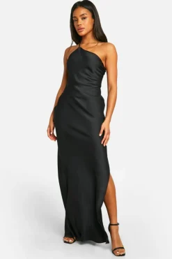 Cami Dresses*boohoo Satin Asymmetric Strap Maxi Dress black