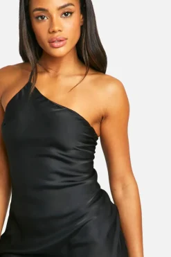 Cami Dresses*boohoo Satin Asymmetric Strap Maxi Dress black
