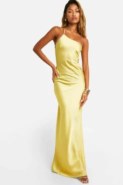 Cami Dresses*boohoo Satin Asymmetric Strap Maxi Dress lemon