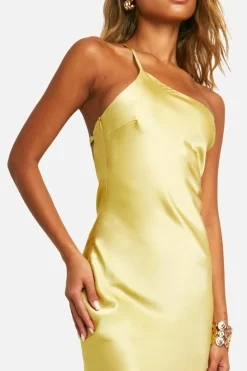 Cami Dresses*boohoo Satin Asymmetric Strap Maxi Dress lemon