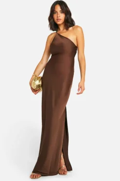 Cami Dresses|Maxi Dresses*boohoo Satin Asymmetric Strap Maxi Dress chocolate