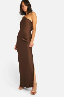 Cami Dresses|Maxi Dresses*boohoo Satin Asymmetric Strap Maxi Dress chocolate