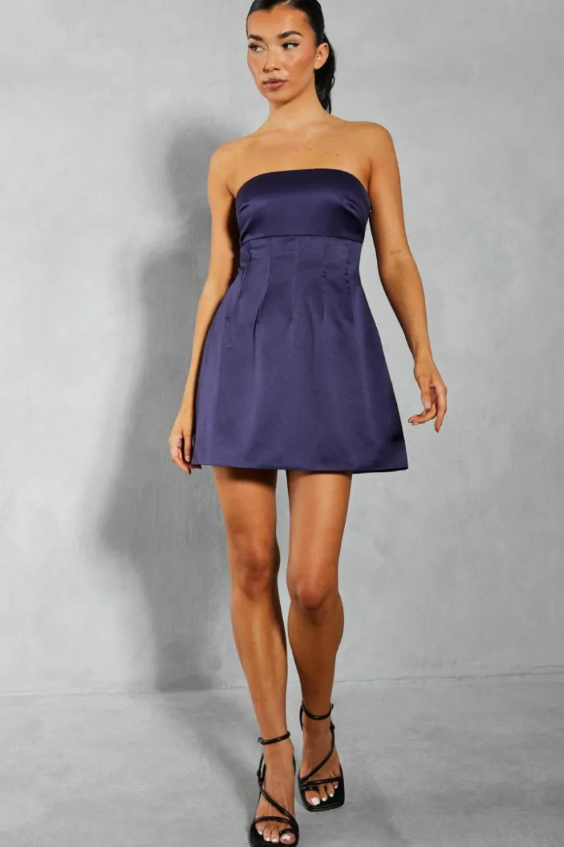 A Line Dresses*MissPap Satin Bandeau Pintuck Detail A-line Mini Dress navy
