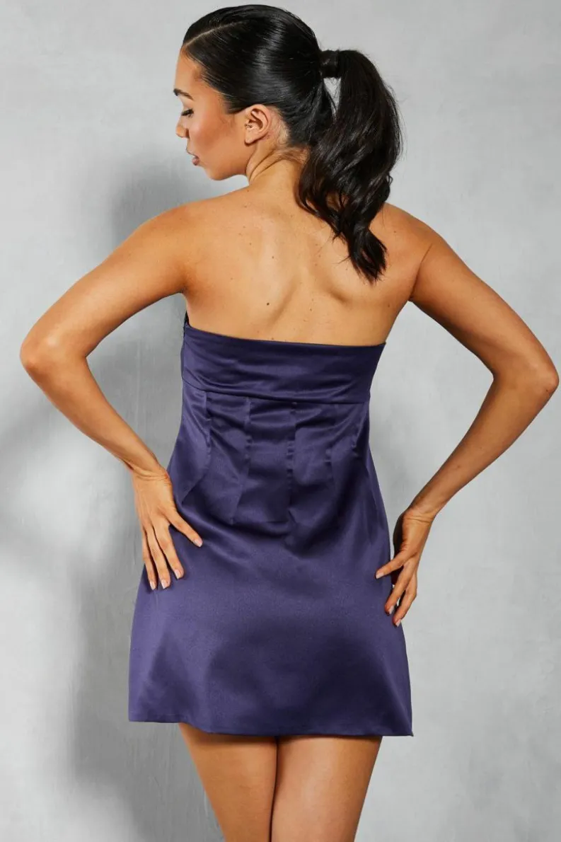 A Line Dresses*MissPap Satin Bandeau Pintuck Detail A-line Mini Dress navy