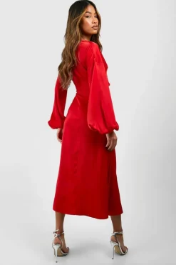 Cami Dresses*boohoo Satin Batwing Cut Out Slip Midaxi Dress cherry