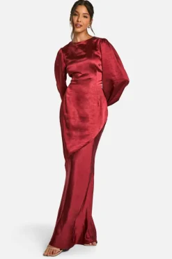 Maxi Dresses*boohoo Satin Blouson Sleeve Maxi Dress cherry