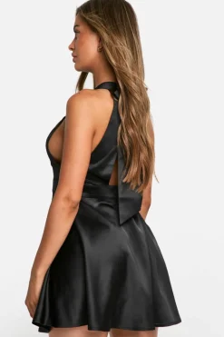 Skater Dresses*boohoo Satin Bow Back Halterneck Mini Dress black