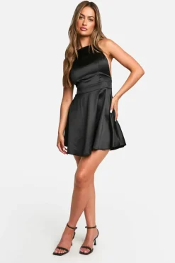 Skater Dresses*boohoo Satin Bow Back Halterneck Mini Dress black