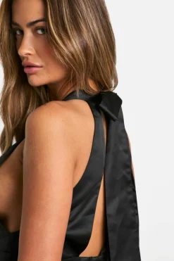 Skater Dresses*boohoo Satin Bow Back Halterneck Mini Dress black