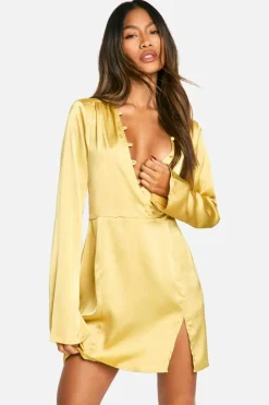 Skater Dresses*boohoo Satin Button Detail Mini Dress gold