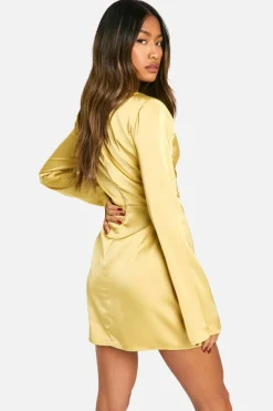 Skater Dresses*boohoo Satin Button Detail Mini Dress gold