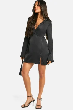 Skater Dresses*boohoo Satin Button Detail Mini Dress black