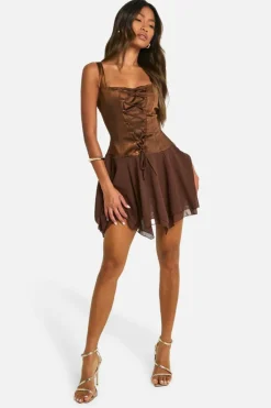 Skater Dresses*boohoo Satin Chiffon Mix Corset Mini Dress chocolate