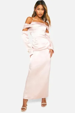 Cami Dresses*boohoo Satin Cold Shoulder Maxi Dres blush