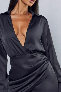 Wrap Dresses*MissPap Satin Collared Wrap Mini Dress black