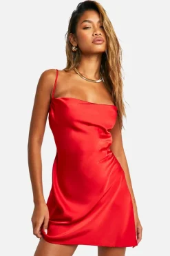 Cami Dresses|Mini Dresses*boohoo Satin Cowl Mini Slip Dress red