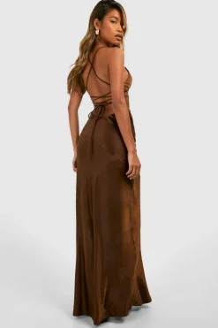 Cami Dresses*boohoo Satin Cross Back Maxi Slip Dress chocolate