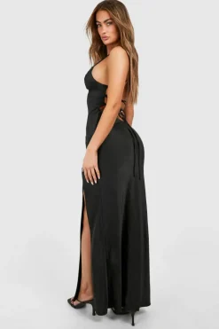 Cami Dresses*boohoo Satin Cross Back Maxi Slip Dress black