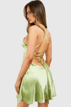 Cami Dresses*boohoo Satin Cross Back Mini Slip Dress green