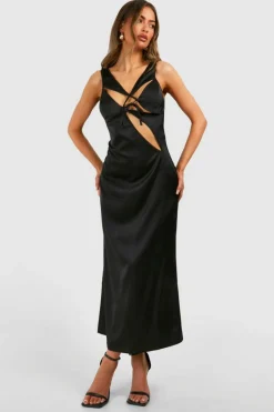 Cami Dresses*boohoo Satin Cut Out Midaxi Slip Dress black