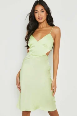 Cami Dresses|Midi Dresses*boohoo Satin Cut Out Midi Slip Dress lime