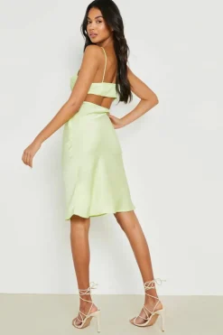 Cami Dresses|Midi Dresses*boohoo Satin Cut Out Midi Slip Dress lime