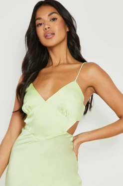 Cami Dresses|Midi Dresses*boohoo Satin Cut Out Midi Slip Dress lime