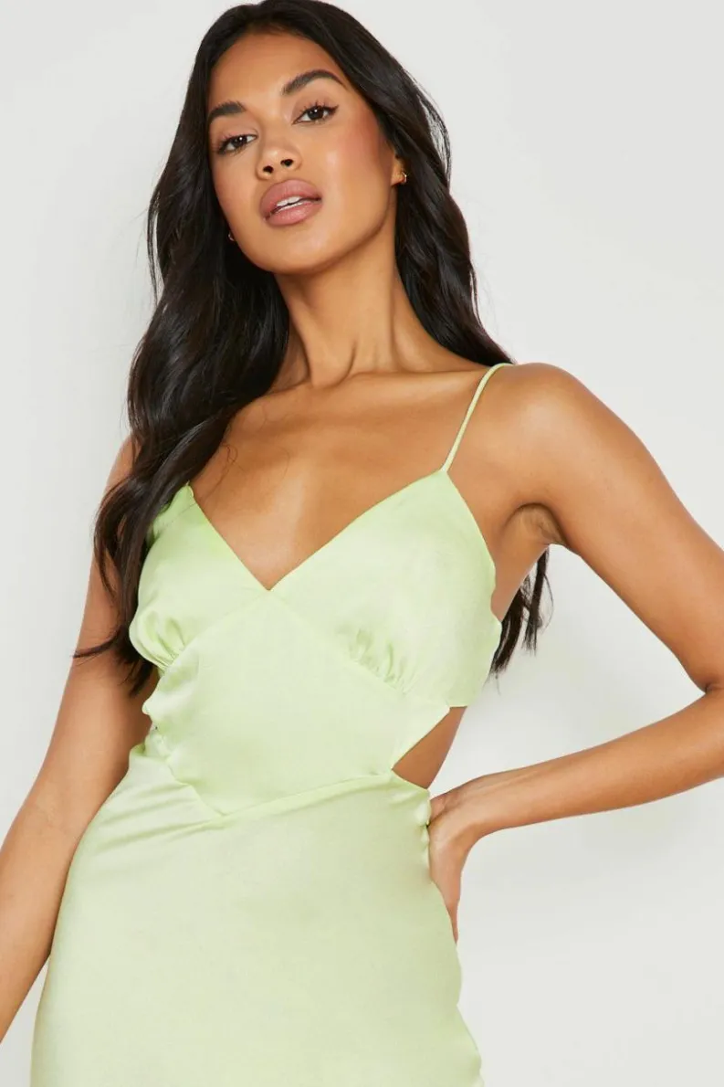 Cami Dresses|Midi Dresses*boohoo Satin Cut Out Midi Slip Dress lime