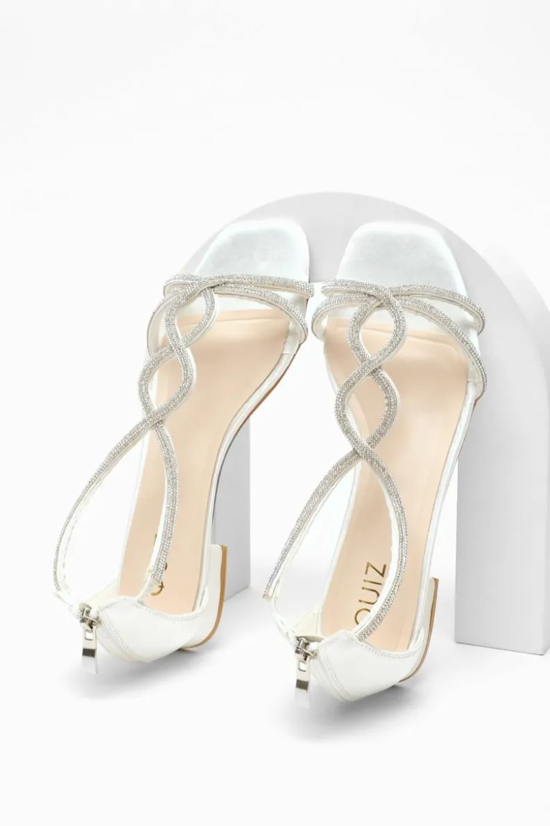 Sandals*Quiz Satin Diamante T-Strap Flat Sandals White