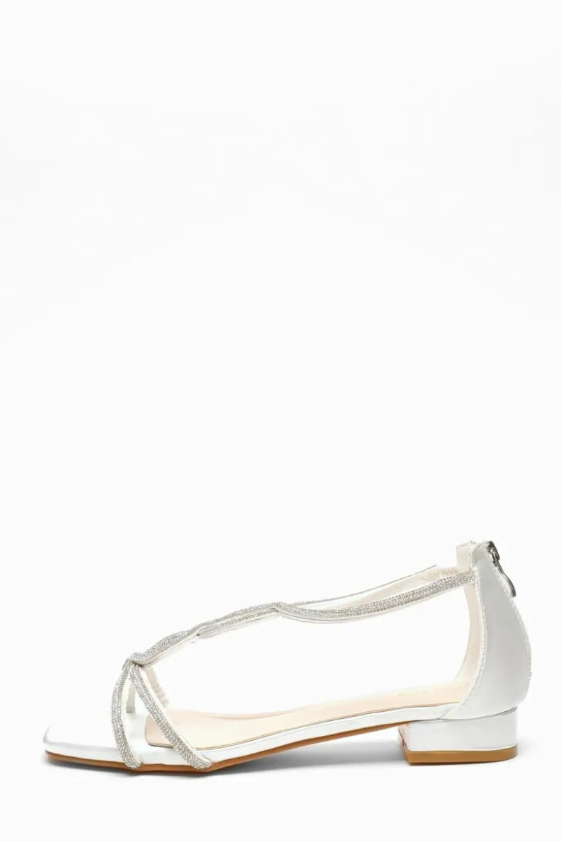 Sandals*Quiz Satin Diamante T-Strap Flat Sandals White