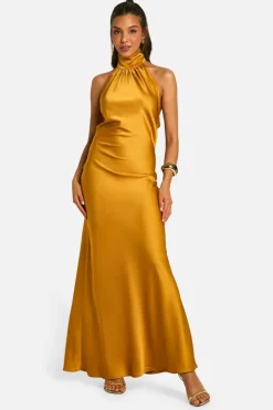 Cami Dresses*boohoo Satin Drape Maxi Dress ochre