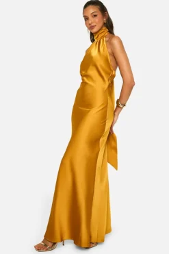 Cami Dresses*boohoo Satin Drape Maxi Dress ochre