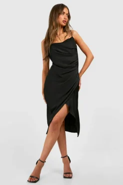 Cami Dresses|Midi Dresses*boohoo Satin Draped Midi Slip Dress black