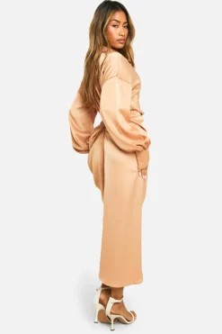 Shirt Dresses*boohoo Satin Draped Shirt Dress gold