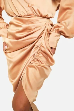 Shirt Dresses*boohoo Satin Draped Shirt Dress gold